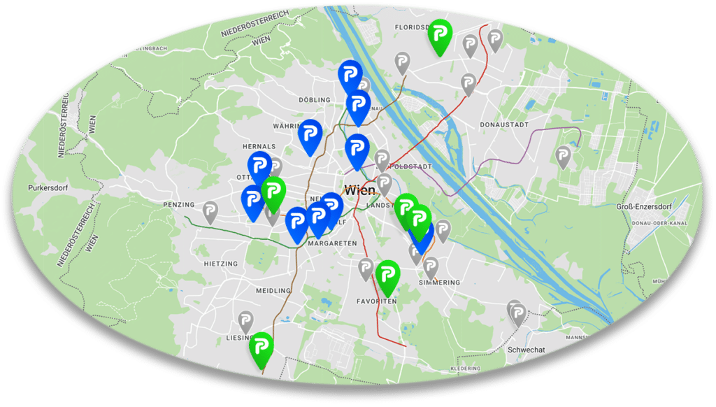 Eine Karte von Wien mit allen Repark Garagen